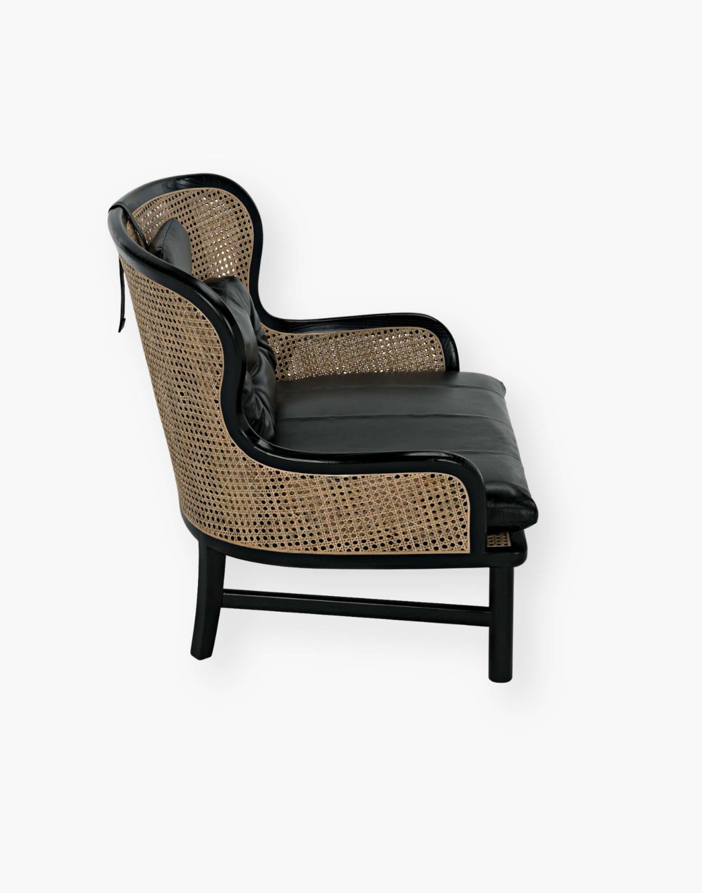 Charcoal Black frame with natural caning and removable black leather seat cushion, bolster & headrest pillows.