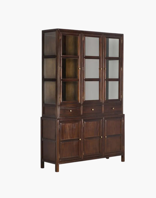 Hand rubbed brown mahogany Hutch with glass doors, brass pulls, drawers, and cubby shelving for elegant storage and display.