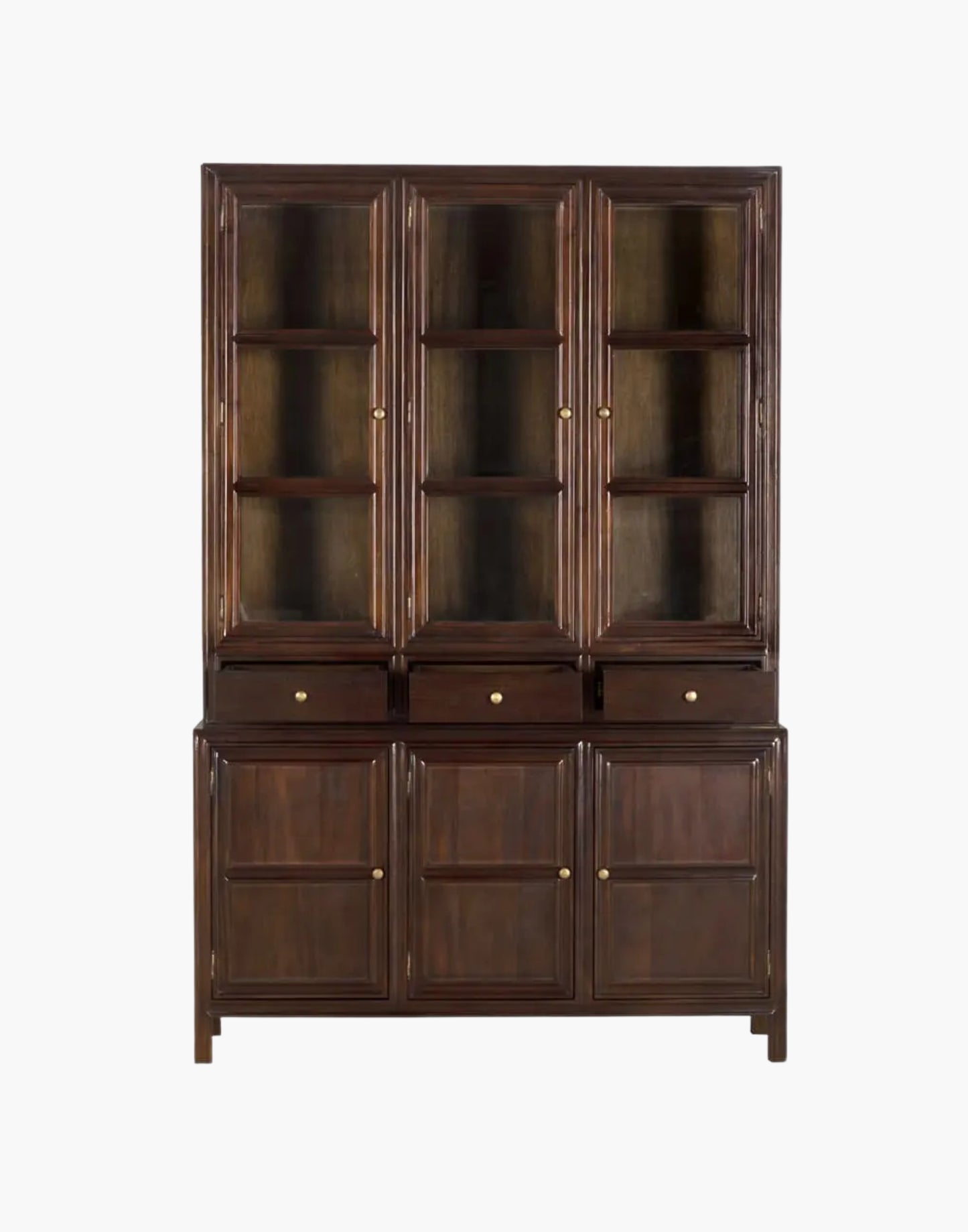 Hand rubbed brown mahogany Hutch with glass doors, brass pulls, drawers, and cubby shelving for elegant storage and display.