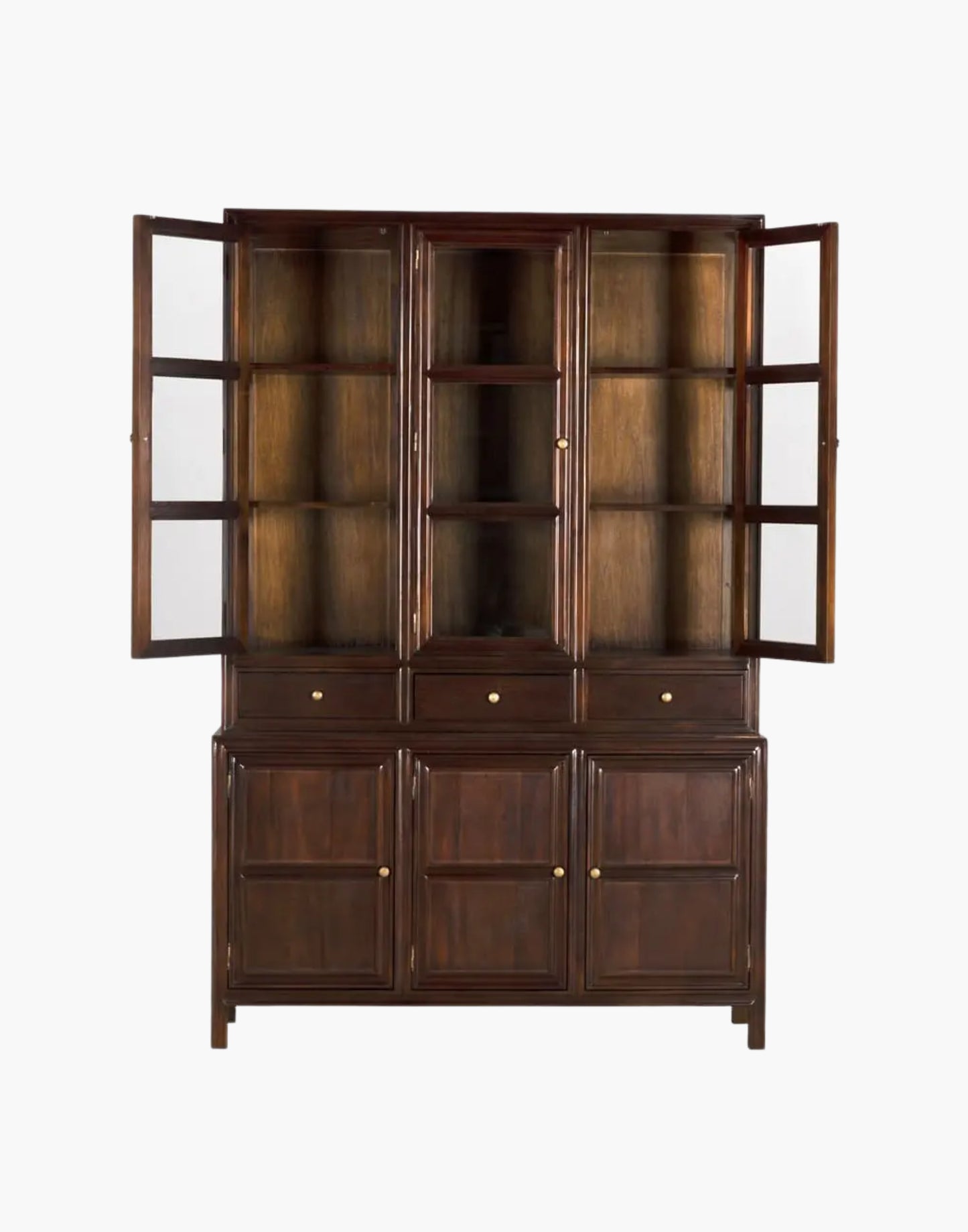 Hand rubbed brown mahogany Hutch with glass doors, brass pulls, drawers, and cubby shelving for elegant storage and display.
