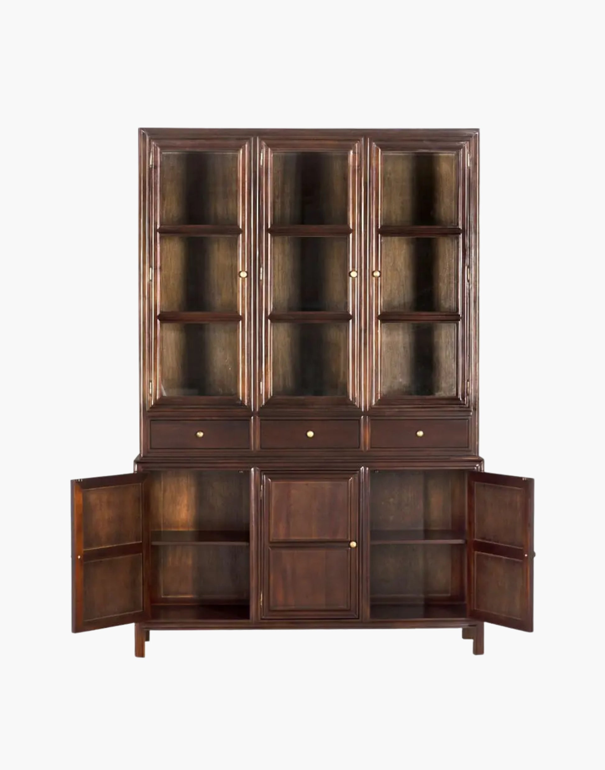 Hand rubbed brown mahogany Hutch with glass doors, brass pulls, drawers, and cubby shelving for elegant storage and display.