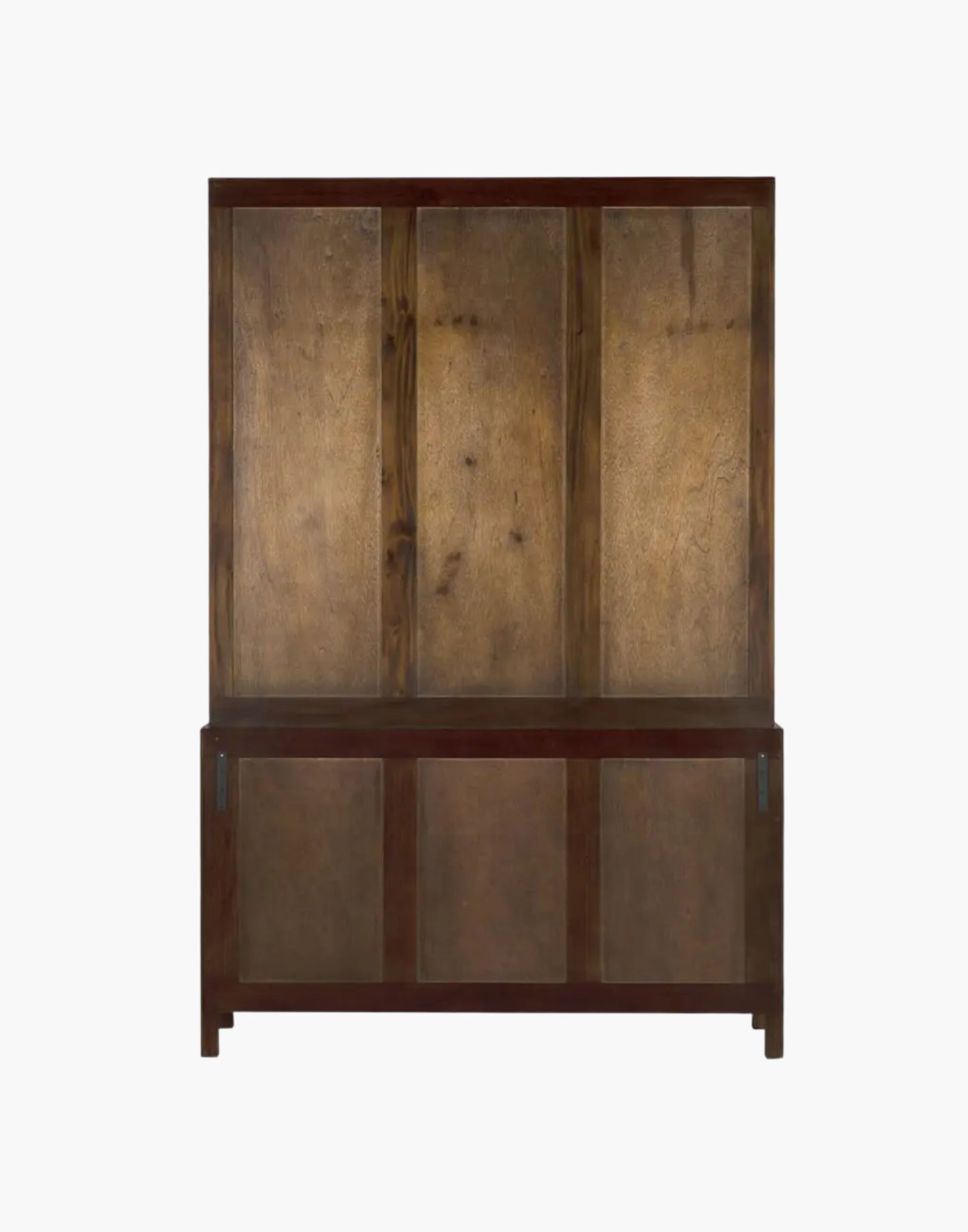 Hand rubbed brown mahogany Hutch with glass doors, brass pulls, drawers, and cubby shelving for elegant storage and display.