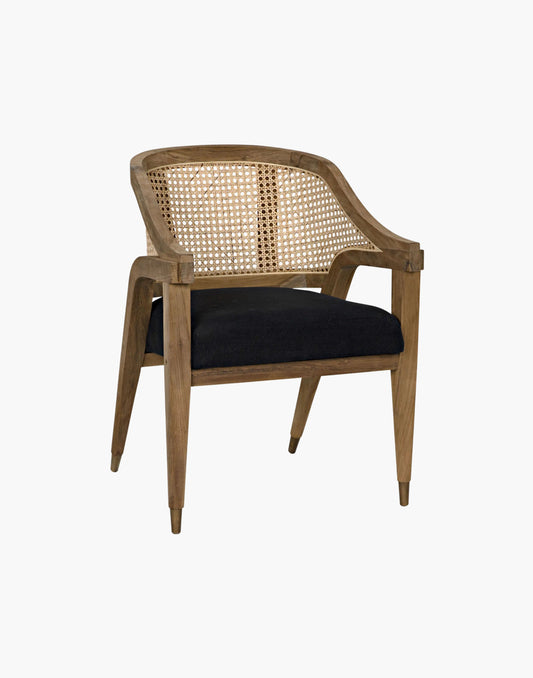 Teak armchair with curved caned back and black cotton seat, waxed finish, classic yet contemporary design