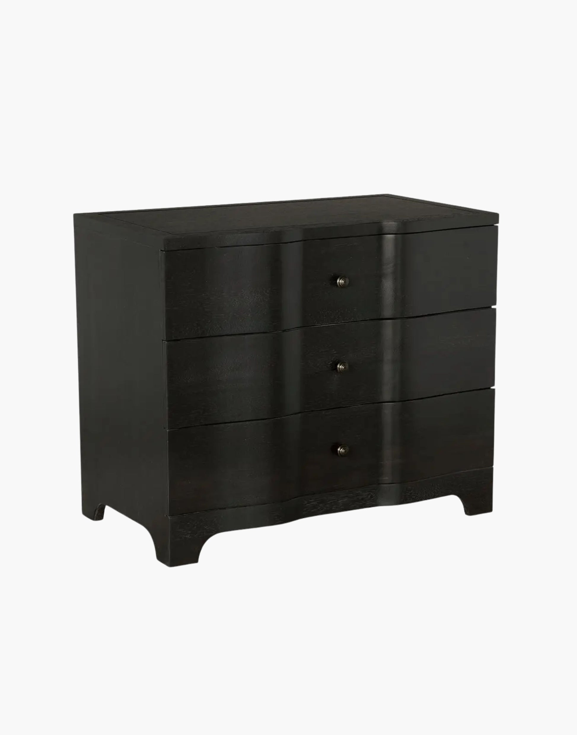 Walnut chest with waved drawer fronts and ebony finish, minimalist sculptural design for modern or transitional interiors