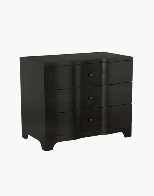 Walnut chest with waved drawer fronts and ebony finish, minimalist sculptural design for modern or transitional interiors