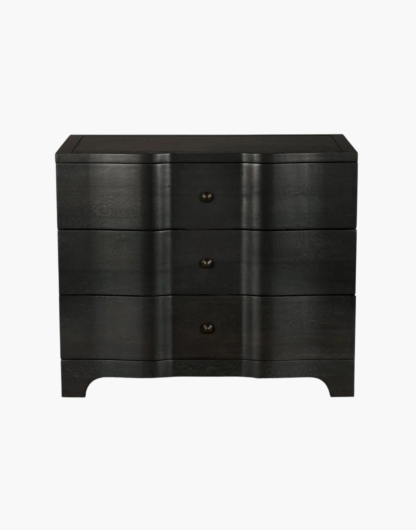 Walnut chest with waved drawer fronts and ebony finish, minimalist sculptural design for modern or transitional interiors