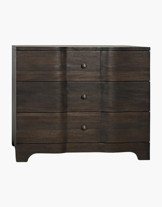 3-Drawer Ebony Walnut Chest with Elegant Sloping Details and Clean Lines.