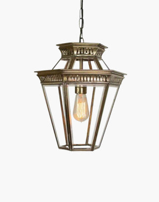 Bevelled Glass Hanging Lantern in solid brass with hand-bevelled glass panels and pierced brass fretwork, ideal for high ceilings. This elegant pendant light casts a decorative light pattern, perfect for traditional and luxury interior lighting.