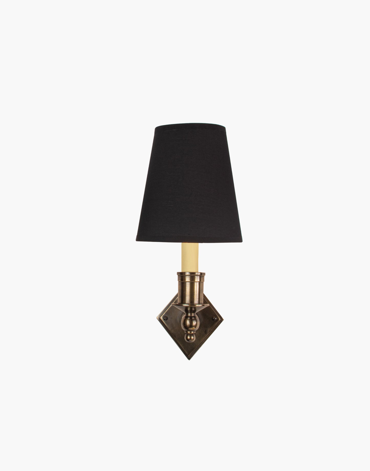 Brass wall sconce with diamond-shaped scalloped backplate and optional shade, cast and machined brass wall light.