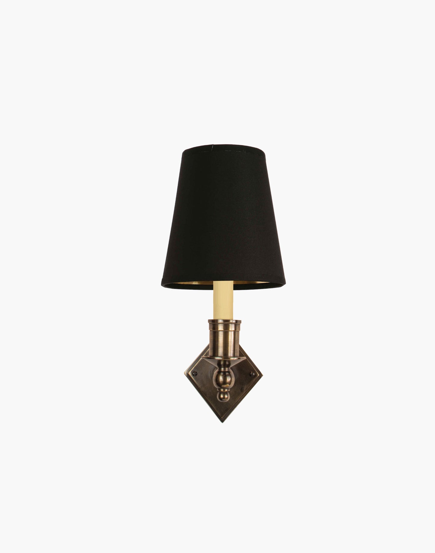Brass wall sconce with diamond-shaped scalloped backplate and optional shade, cast and machined brass wall light.
