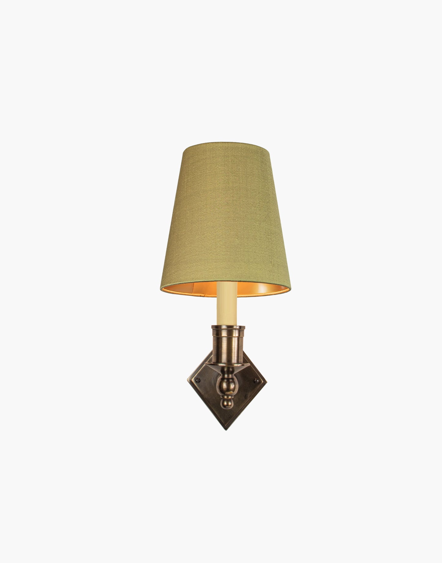 Brass wall sconce with diamond-shaped scalloped backplate and optional shade, cast and machined brass wall light.