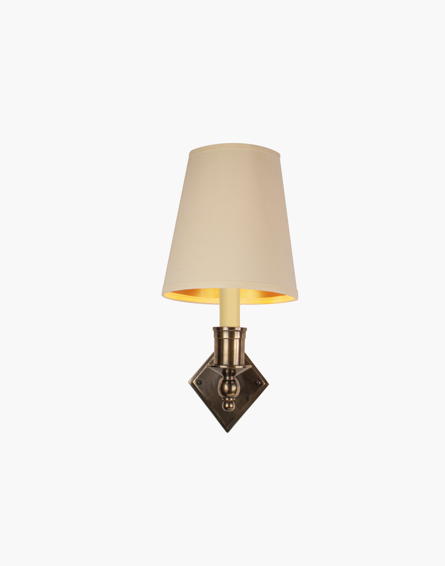 Brass wall sconce with diamond-shaped scalloped backplate and optional shade, cast and machined brass wall light.