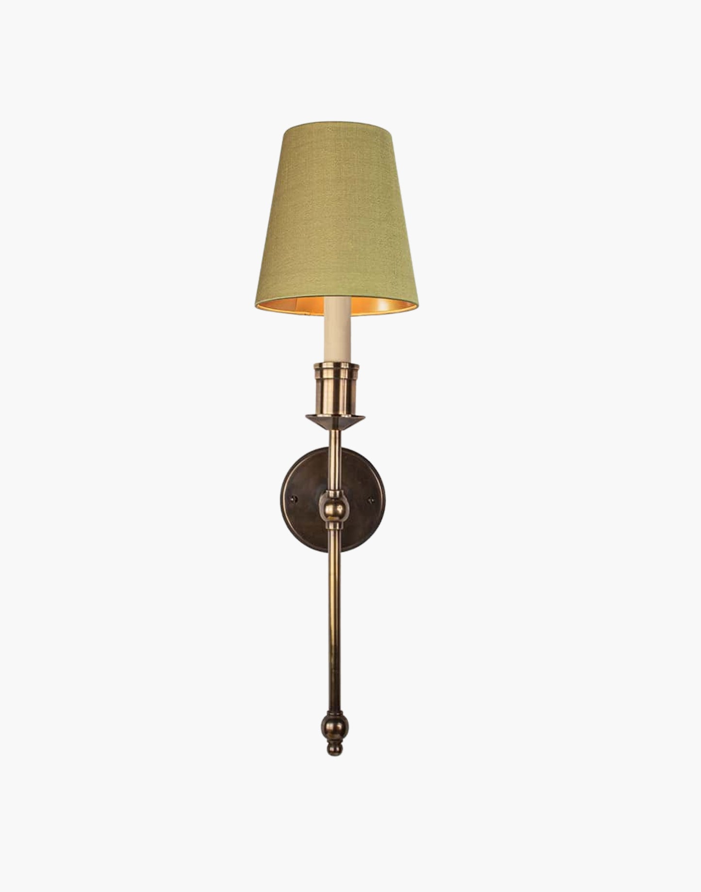 Tall Wall Sconce single arm in solid brass with optional D6 or D6G shade mounted on wall