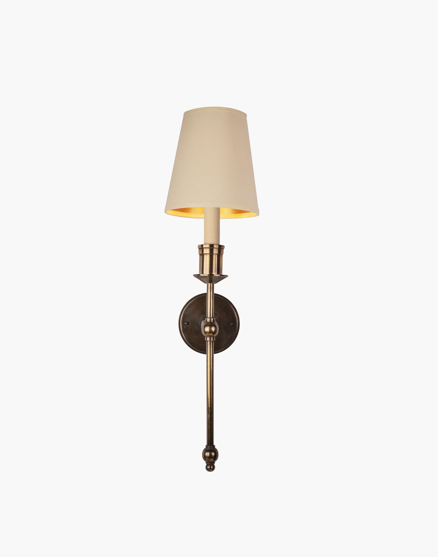 Tall Wall Sconce single arm in solid brass with optional D6 or D6G shade mounted on wall