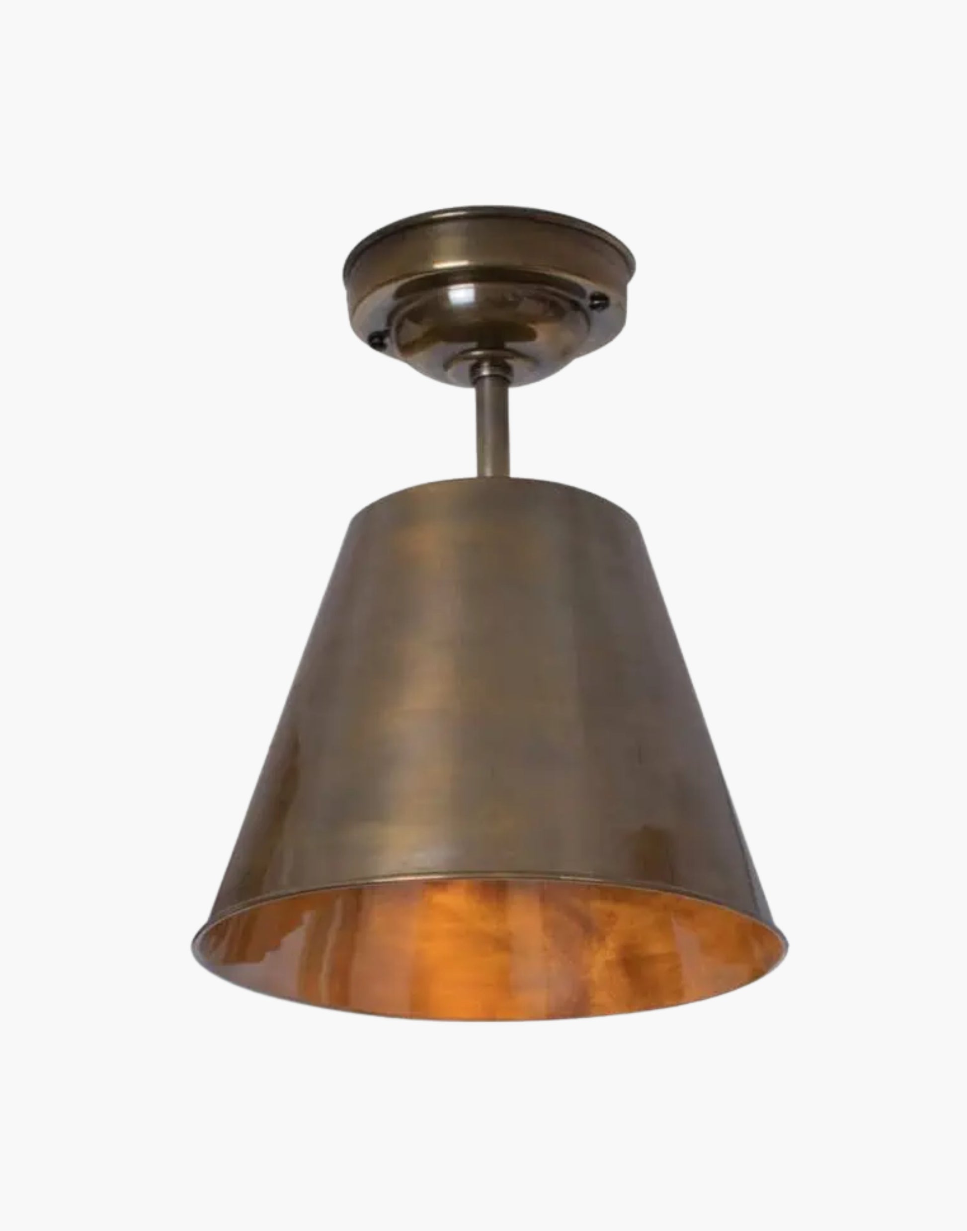 Flush Ceiling Light in solid brass with conical shade, vintage-inspired task lighting for small spaces and low ceilings