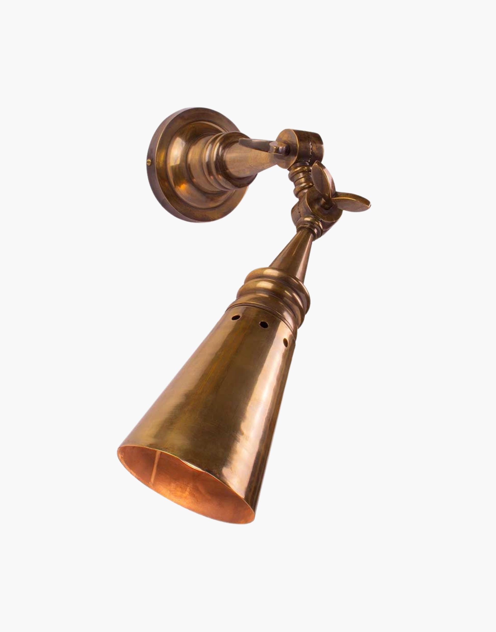teamer Wall Light in heavy machined brass, inspired by SS Columbus ocean liner (c.1926). Adjustable 200-degree movement, ideal for bedside or reading use. Available in multiple finishes with optional push switch.