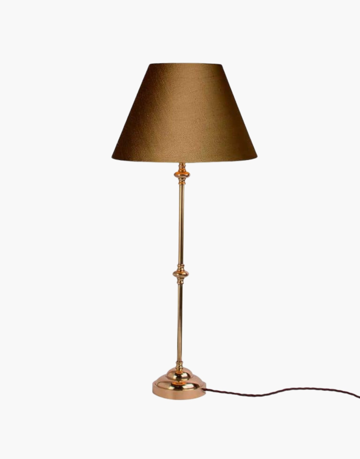 Solid brass table lamp with narrow profile, classic period console lamp available with or without shade.