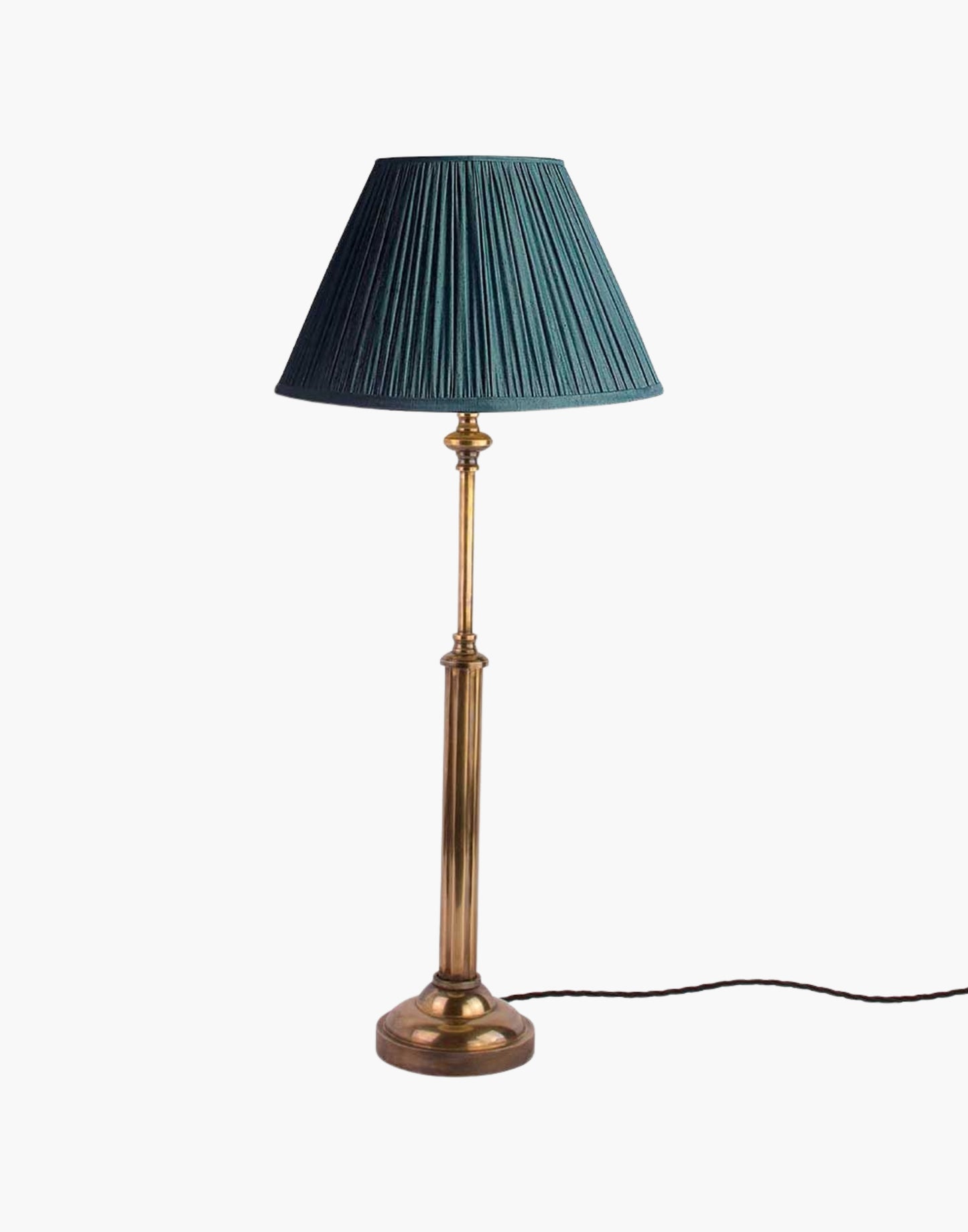 Brass table lamp with fluted stem and cast ball detail, colonial-style table lamp available with or without shade.
