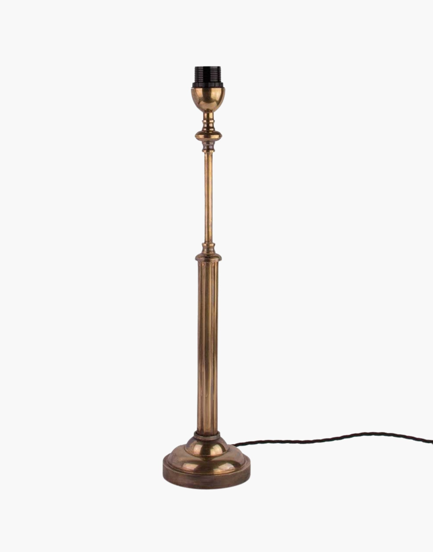 Brass table lamp with fluted stem and cast ball detail, colonial-style table lamp available with or without shade.