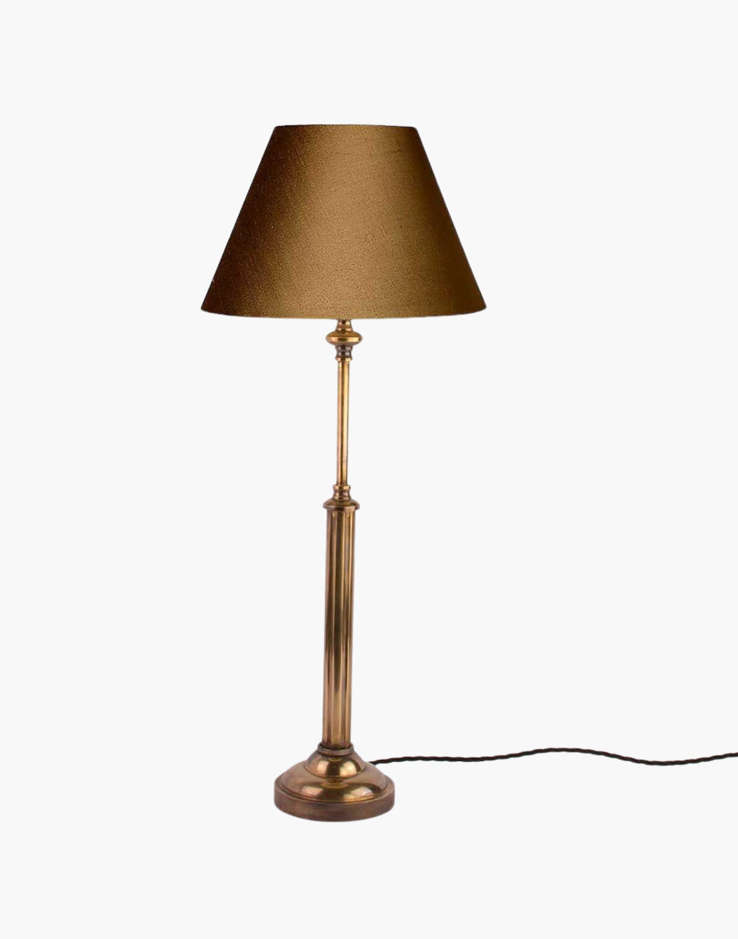 Brass table lamp with fluted stem and cast ball detail, colonial-style table lamp available with or without shade.