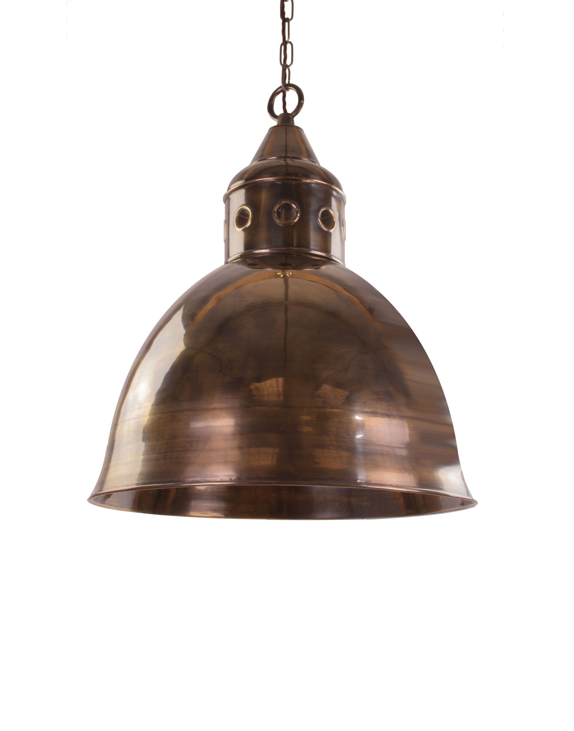 Pendant crafted from solid brass with industrial-inspired silhouette and chain suspension