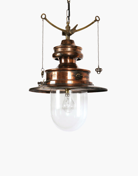 Pendant C1890 in solid copper with brass detail, replica railway station gas light with pull chains, available in clear or opal glass