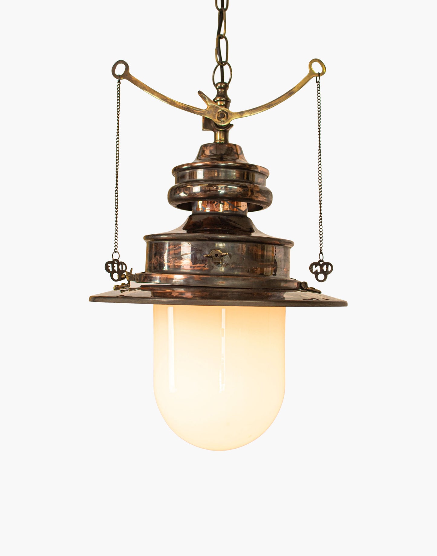 Pendant C1890 in solid copper with brass detail, replica railway station gas light with pull chains, available in clear or opal glass