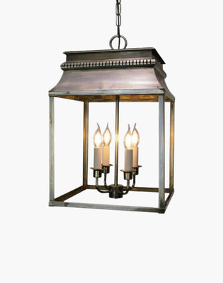 Large Bordeaux Hanging Lantern in solid brass, inspired by 19th-century French design, featuring intricate fretwork and top detail. Suitable for indoor and outdoor use, perfect for kitchens, hallways, and stairwells.