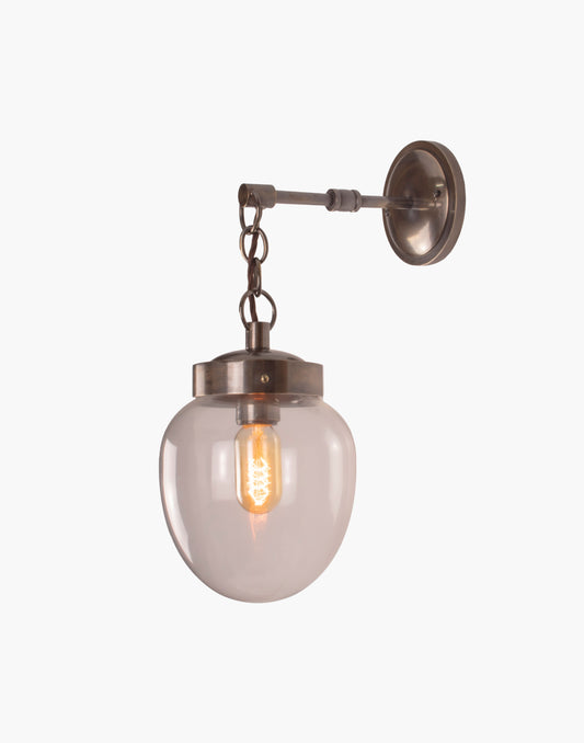 Solid brass mid-century wall light with clear or opal glass, T45 filament bulb compatible, suitable for covered outdoor and IP44 bathroom Zone 2 use.