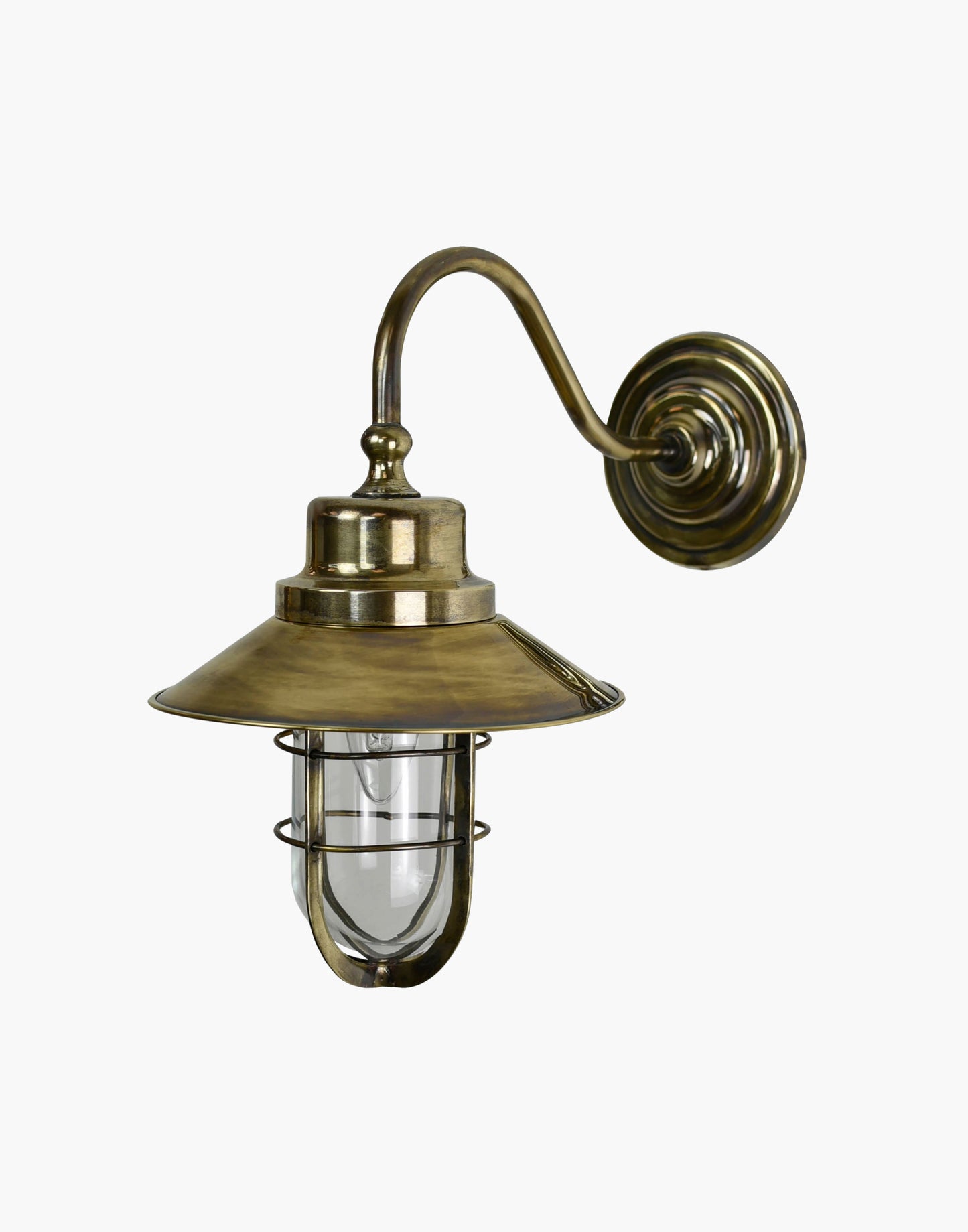 Wall Light C1915 in solid brass with clear or frosted glass, nautical wet-rated wall light for bathrooms or exterior use.