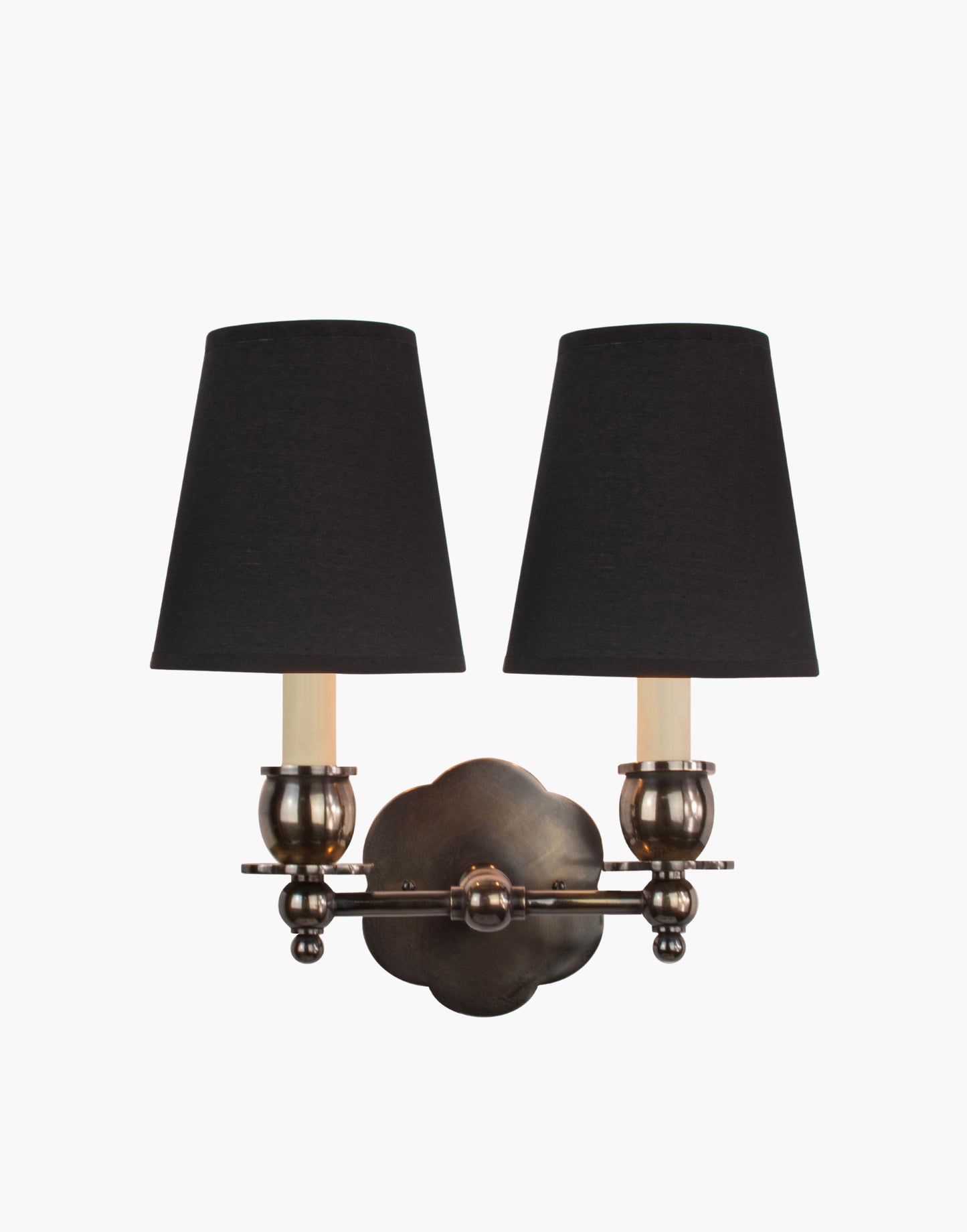 Twin Wall Sconce in solid brass with petal-shaped backplate and optional D6/D6G shades, transitional style for traditional and contemporary interiors.