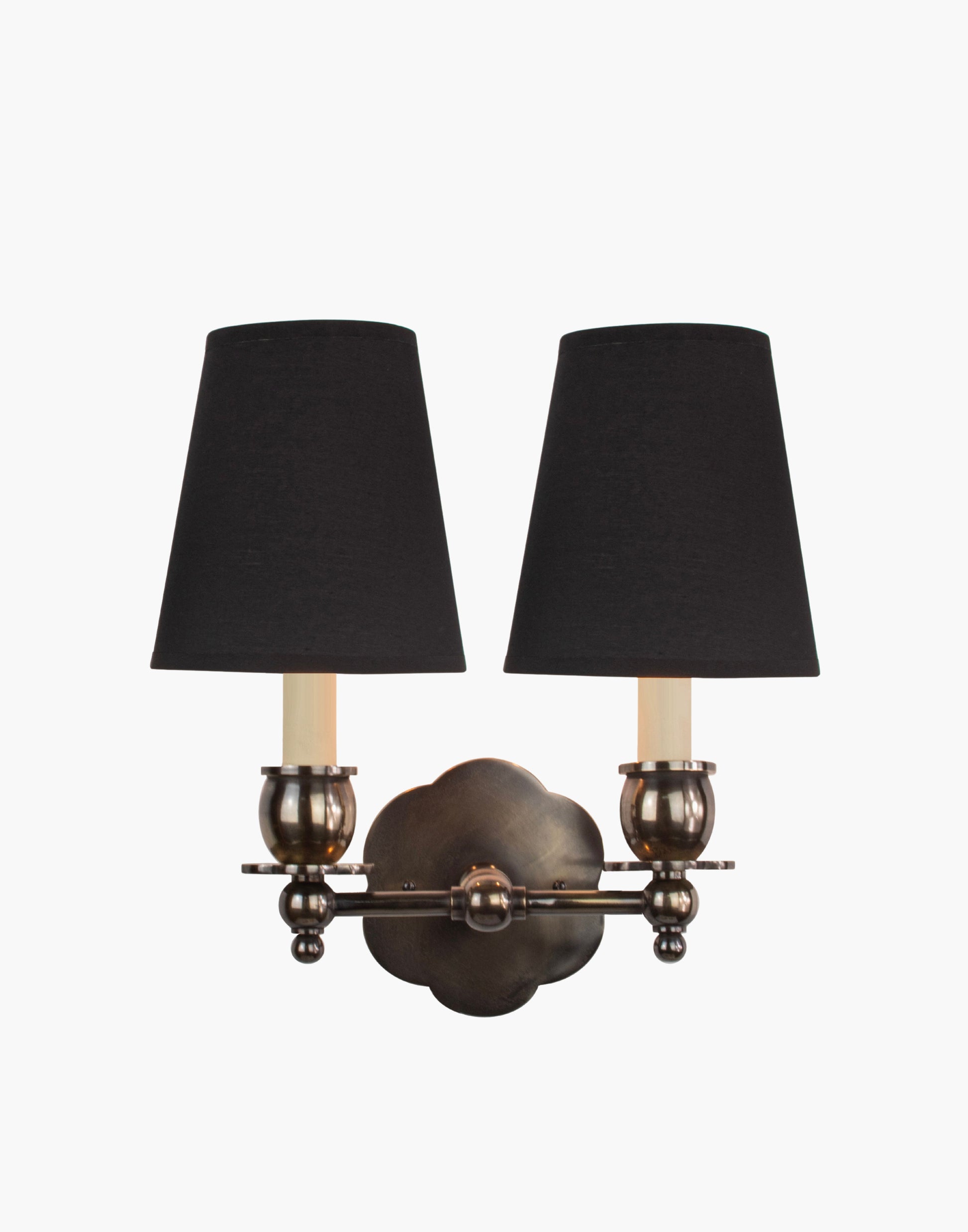 Twin Wall Sconce in solid brass with petal-shaped backplate and optional D6/D6G shades, transitional style for traditional and contemporary interiors.