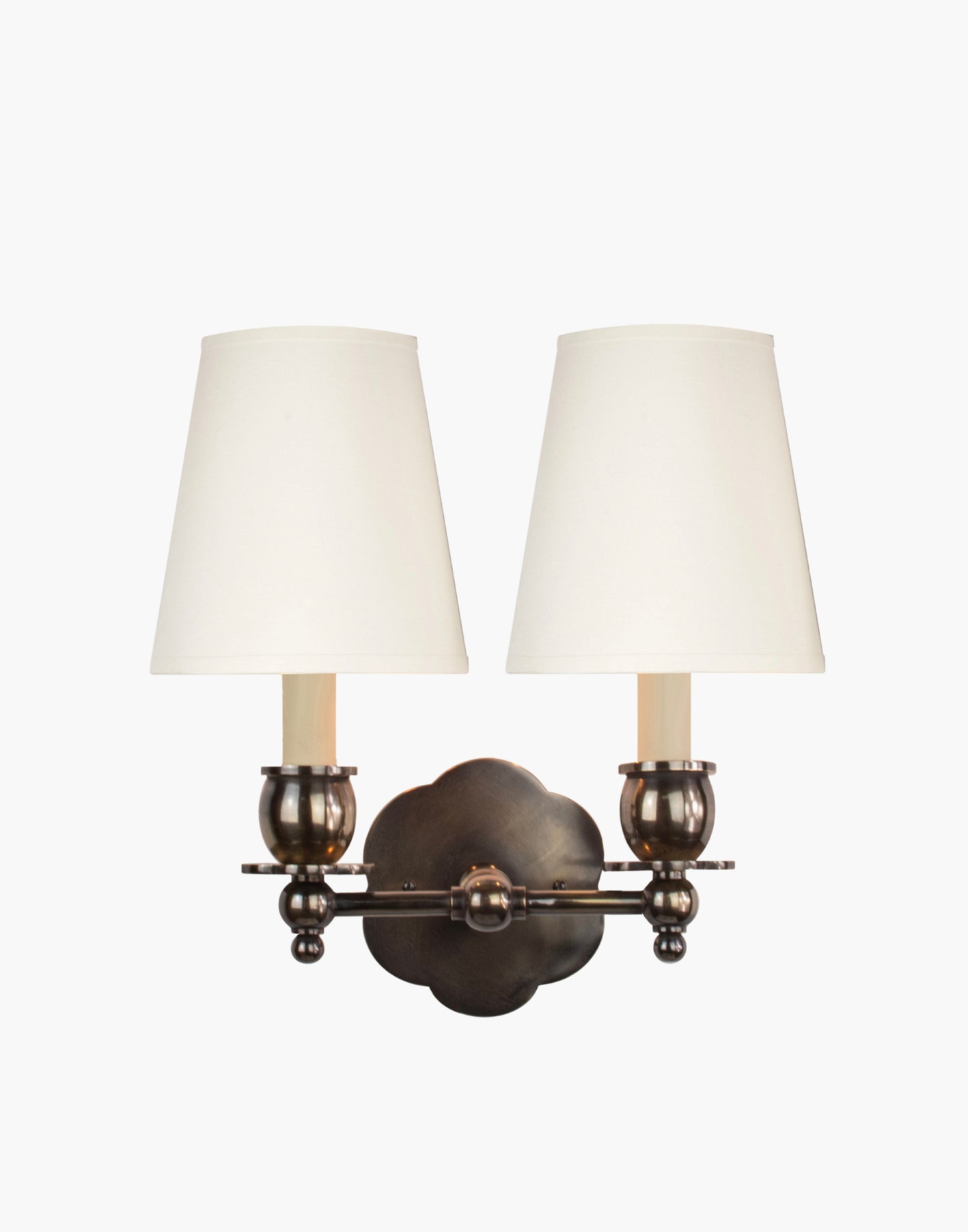 Twin Wall Sconce in solid brass with petal-shaped backplate and optional D6/D6G shades, transitional style for traditional and contemporary interiors.