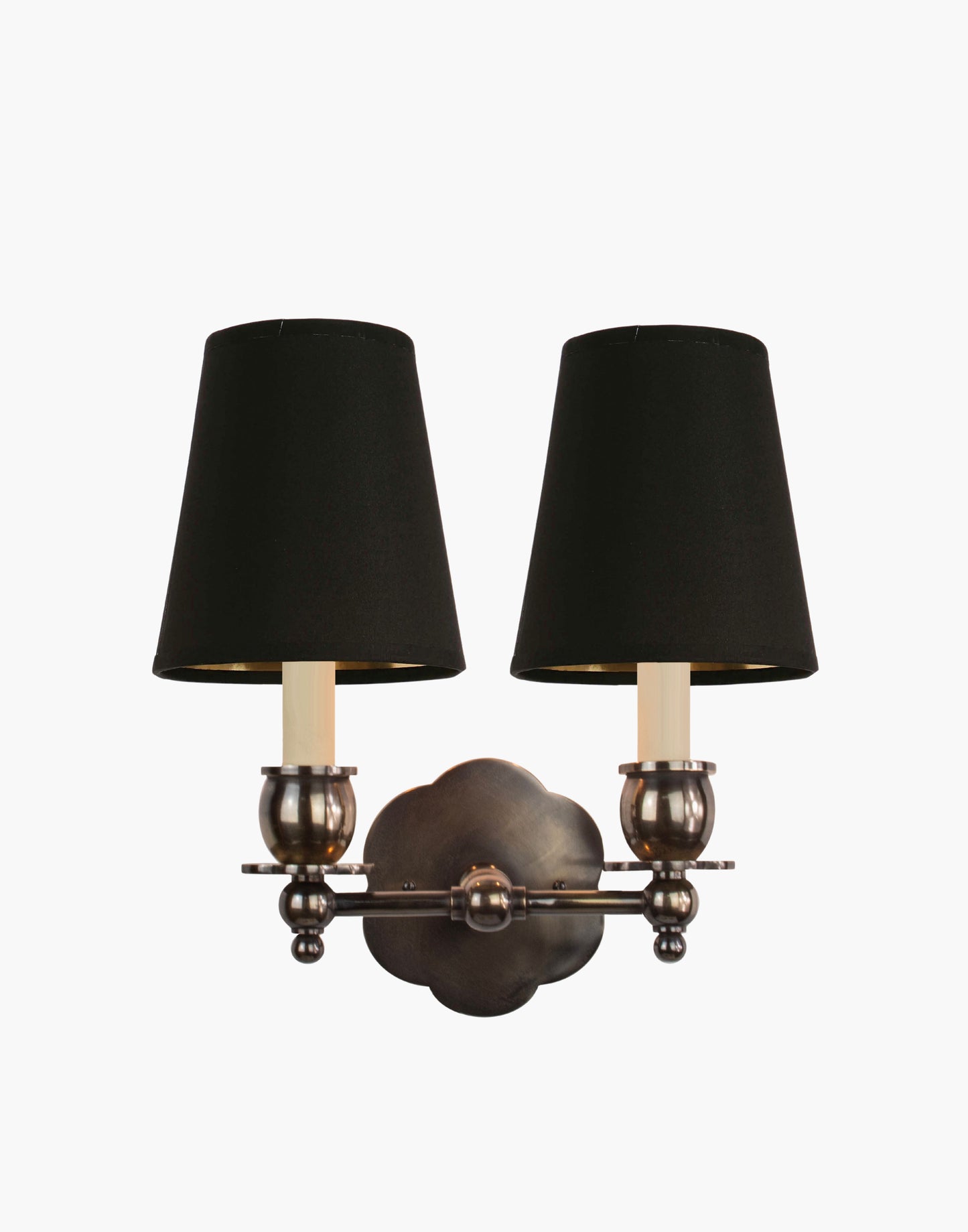 Twin Wall Sconce in solid brass with petal-shaped backplate and optional D6/D6G shades, transitional style for traditional and contemporary interiors.