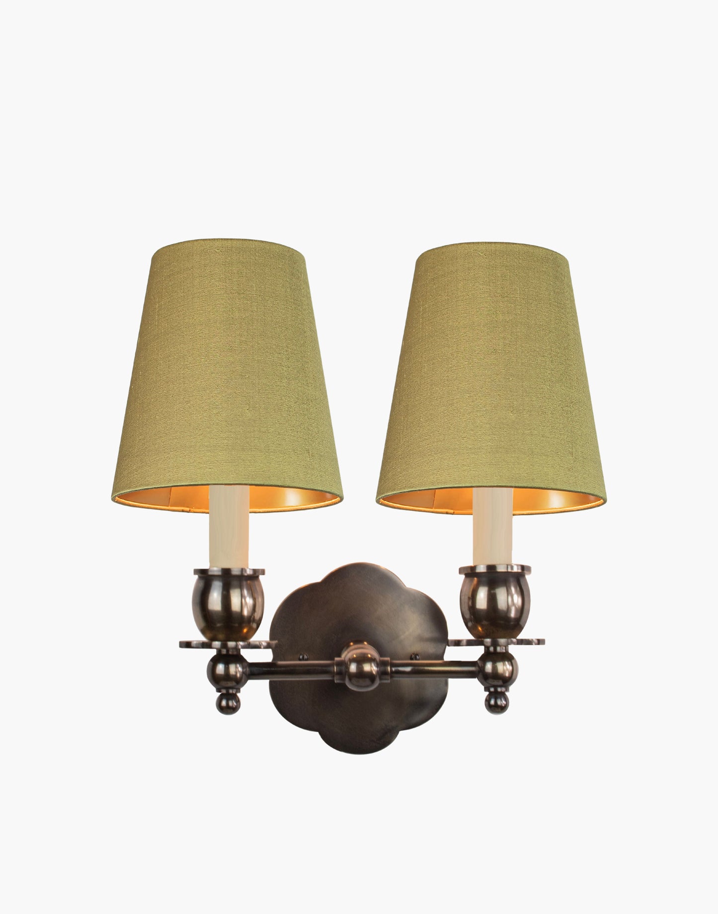 Twin Wall Sconce in solid brass with petal-shaped backplate and optional D6/D6G shades, transitional style for traditional and contemporary interiors.