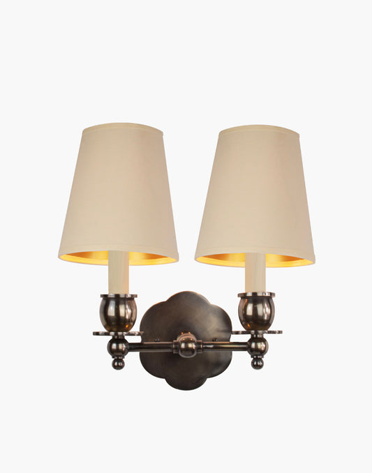 Twin Wall Sconce in solid brass with petal-shaped backplate and optional D6/D6G shades, transitional style for traditional and contemporary interiors.