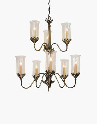 Gothic Eight Arm Chandelier in cast brass, inspired by a 19th-century chandelier from County Cork, Ireland. Includes Clear Storm Glasses, 19.5″ of chain, and ceiling hook, ideal as a statement centerpiece in historic or private residences.