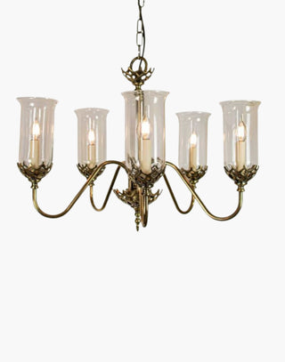 Gothic Five Arm Chandelier in cast brass, inspired by a 19th-century chandelier from County Cork, Ireland. Includes Clear Storm Glasses, 500mm chain, and ceiling hook, perfect as a statement centerpiece in historic and private settings.