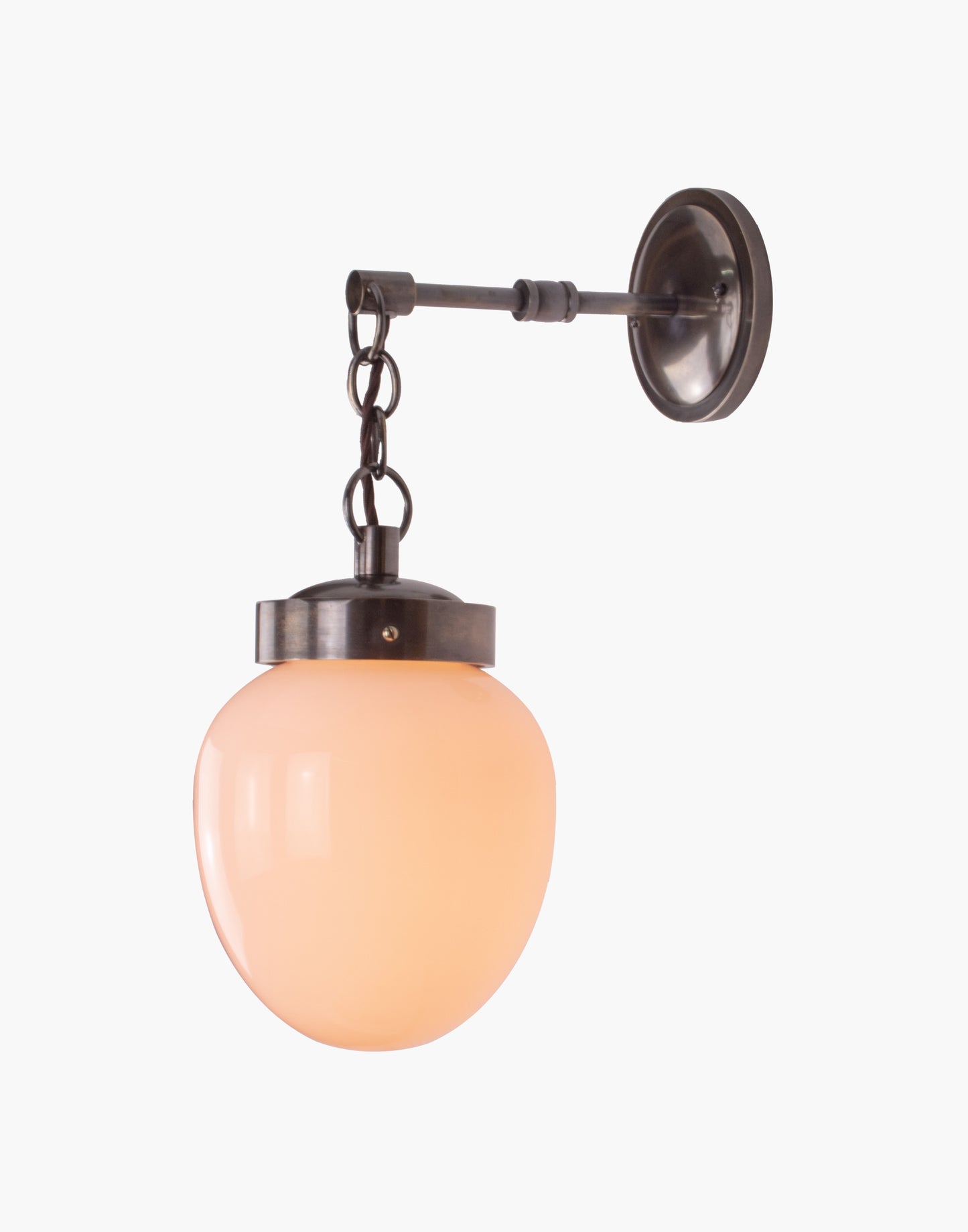 Solid brass mid-century wall light with clear or opal glass, T45 filament bulb compatible, suitable for covered outdoor and IP44 bathroom Zone 2 use.