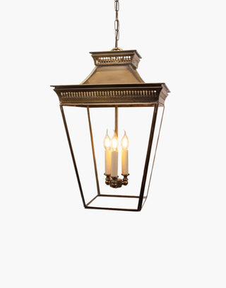 Large Pagoda Pendant in solid brass with pierced fretwork and a Pagoda-style roof. Inspired by Far Eastern Colonial design, perfect for traditional interiors. Includes 500mm chain and ceiling canopy.