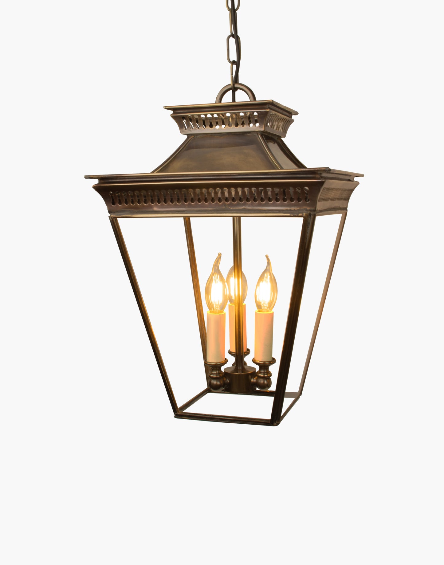 Pendant in solid brass with two-tier pierced fretwork and pagoda roof design, 3-light damp-rated hanging lantern
