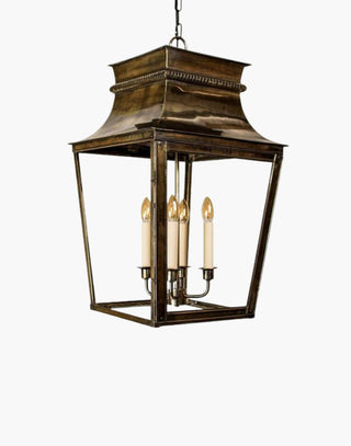 Extra-large Parisienne Hanging Lantern in solid brass with intricate fretwork, inspired by classic French architecture. Perfect for entrance porches and grand hallways. Includes 19.5″ chain and ceiling plate, with extra chain available.