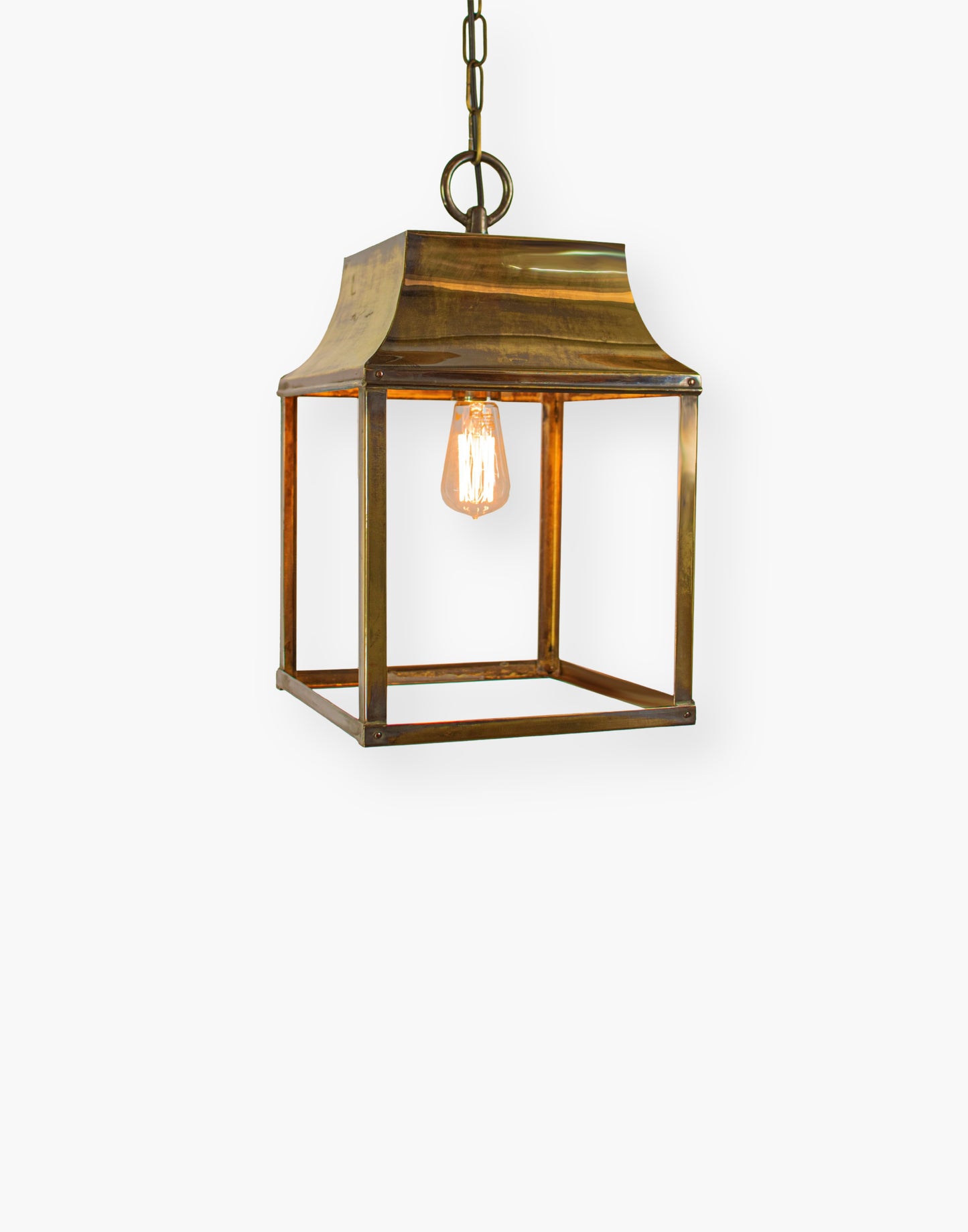 Hanging Lantern in solid brass, French farmhouse style, suitable for porch, hallway, or stairwell, part of a three-size lantern collection.
