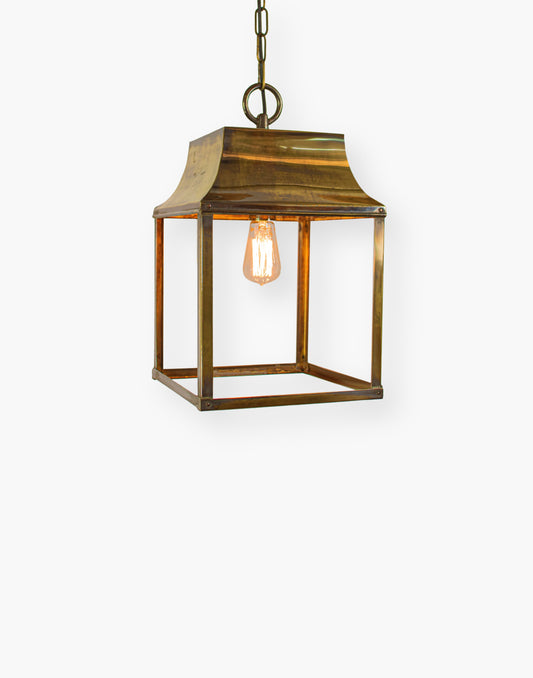 Hanging Lantern in solid brass, French farmhouse style, suitable for porch, hallway, or stairwell, part of a three-size lantern collection.