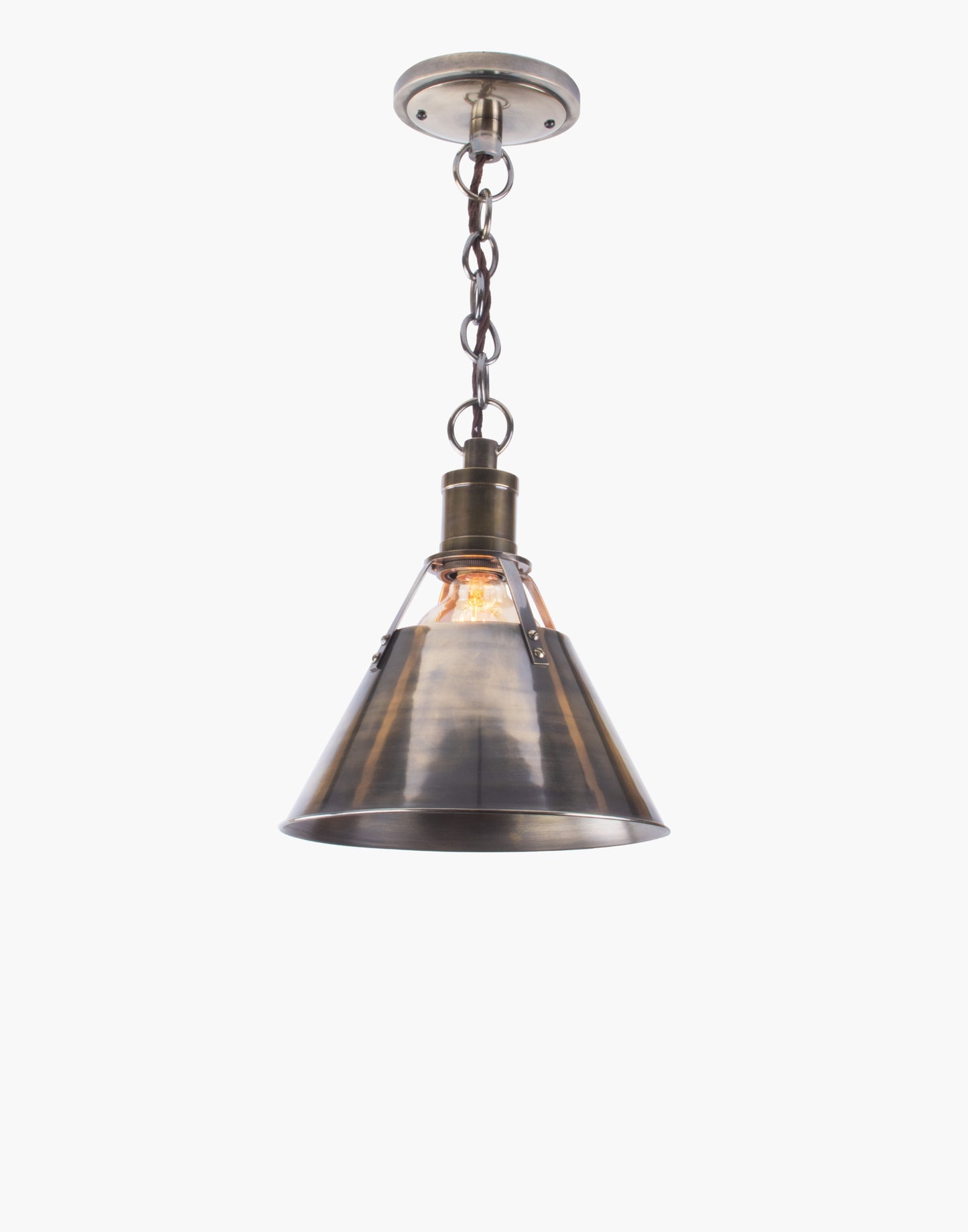 Brass pendant light with metal shade, nautical-industrial transitional design, ideal for kitchen island, countertop, or dining table lighting.