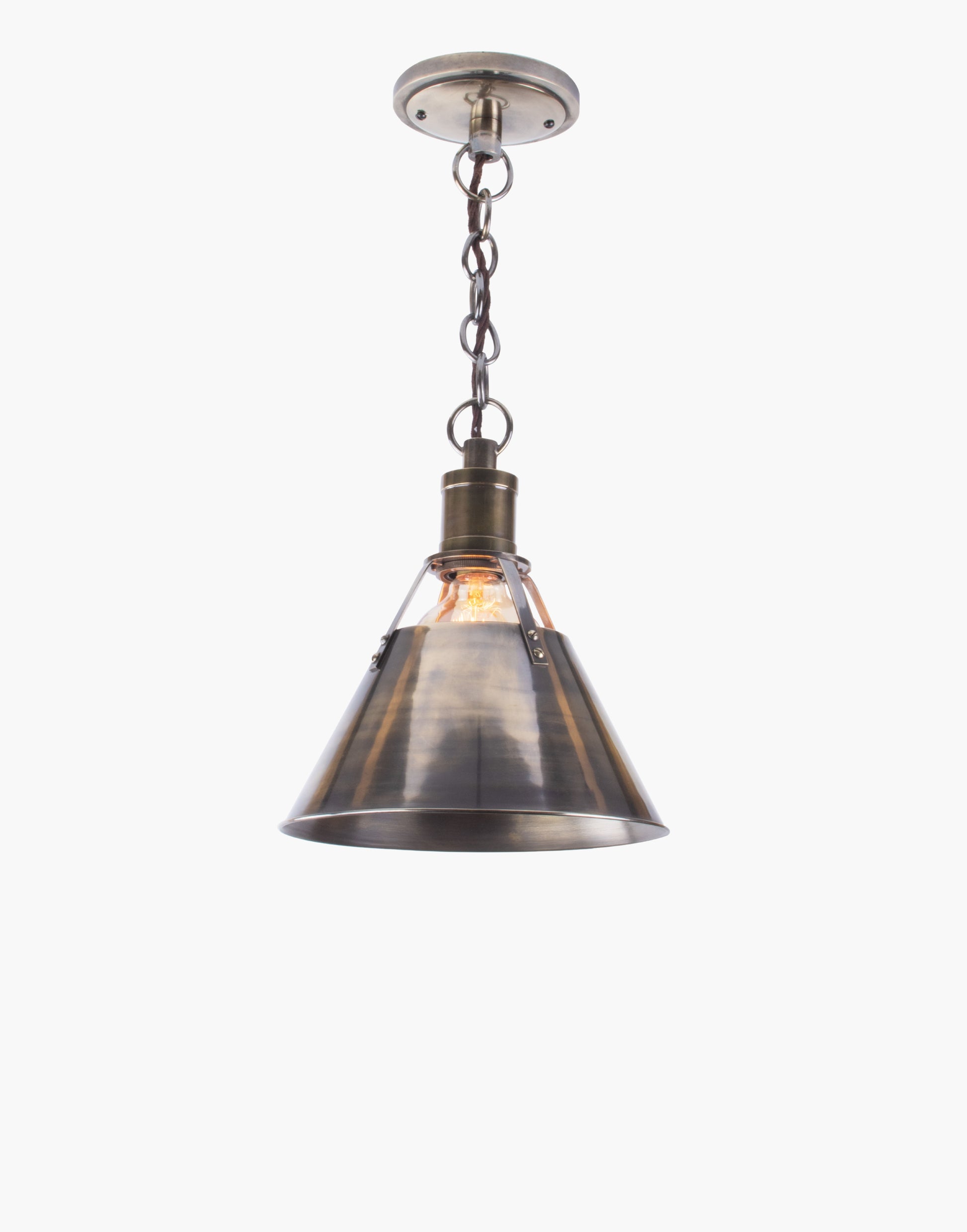 Brass pendant light with metal shade, nautical-industrial transitional design, ideal for kitchen island, countertop, or dining table lighting.