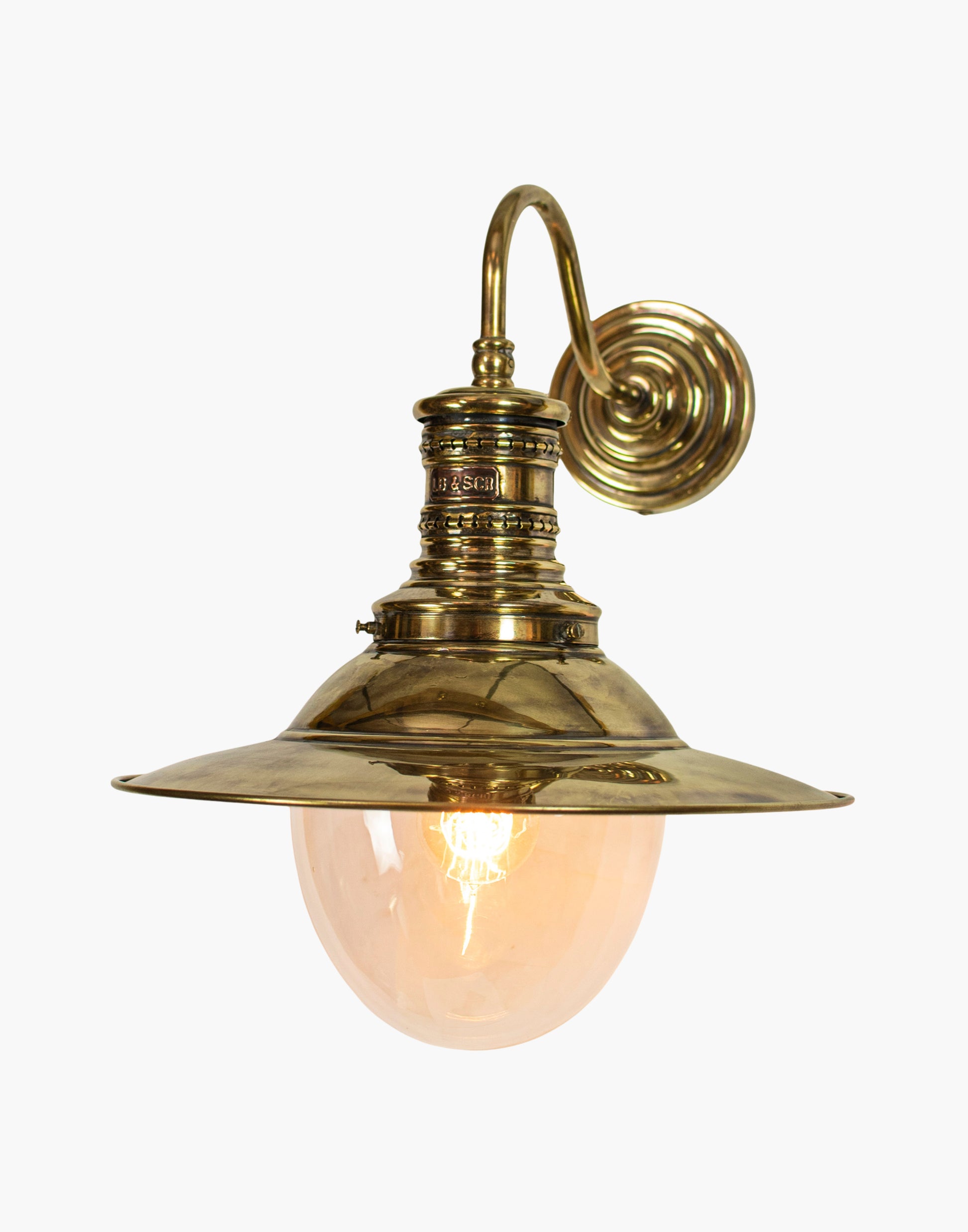 Wall lamp in solid brass with copper LBSCR label, replica railway station wall light from Victoria Station London, available in clear or opal glass.