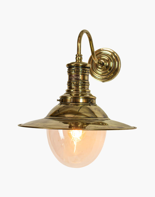 Wall lamp in solid brass with copper LBSCR label, replica railway station wall light from Victoria Station London, available in clear or opal glass.