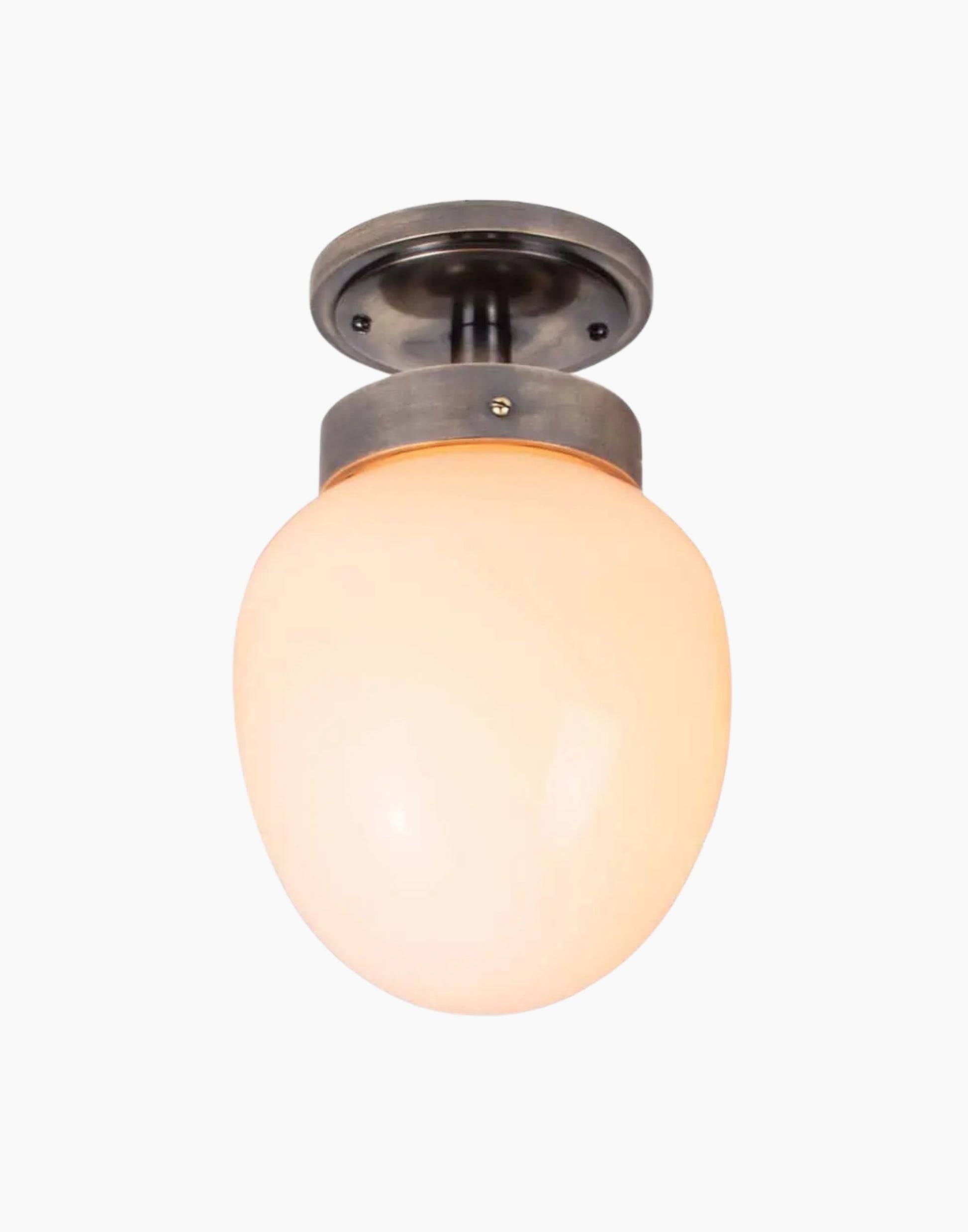 Charleston Flush Light in solid brass with mid-century design, available in five finishes with clear or opal glass. IP44-rated for Zone 2 bathrooms and covered outdoor areas.