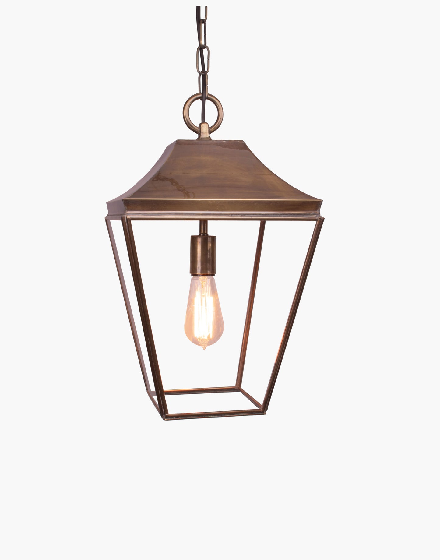 Pendant lantern in solid brass, traditional porch and hall hanging light with chain and canopy.